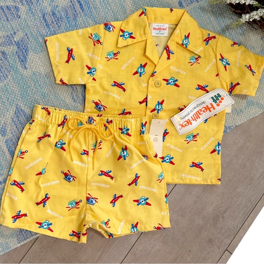 NEW Vintage Healthtex Toddler Yellow Airplane Outfit Set Button Down & Shorts - Picture 14 of 16